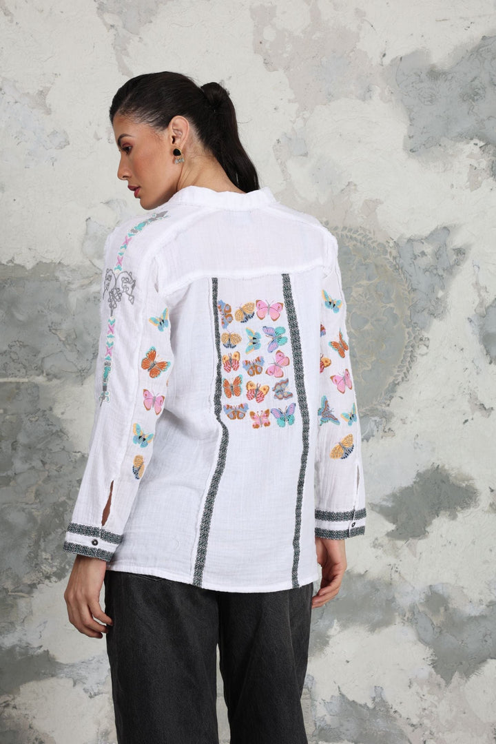 Avani Del Amour Tunic White Butterfly Embroidered Front-Open Tunic