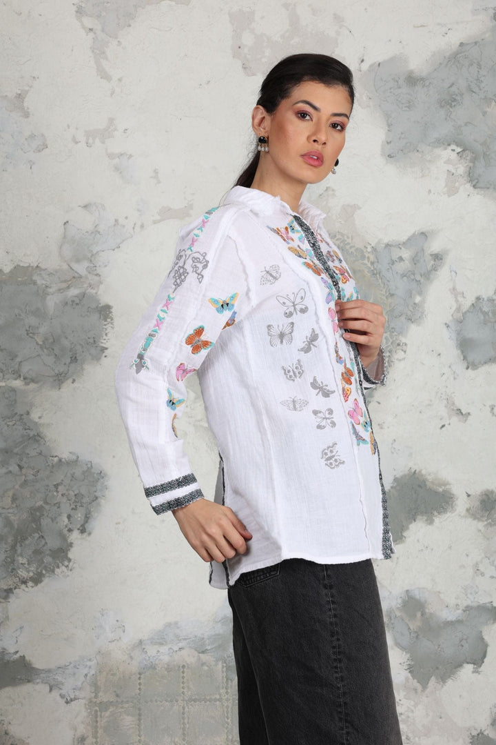 Avani Del Amour Tunic White Butterfly Embroidered Front-Open Tunic