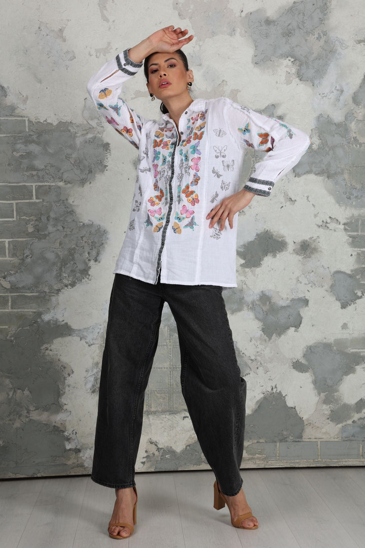 Avani Del Amour Tunic White Butterfly Embroidered Front-Open Tunic