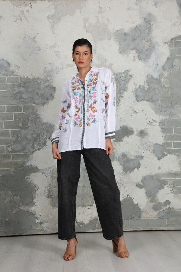 Avani Del Amour Tunic White Butterfly Embroidered Front-Open Tunic