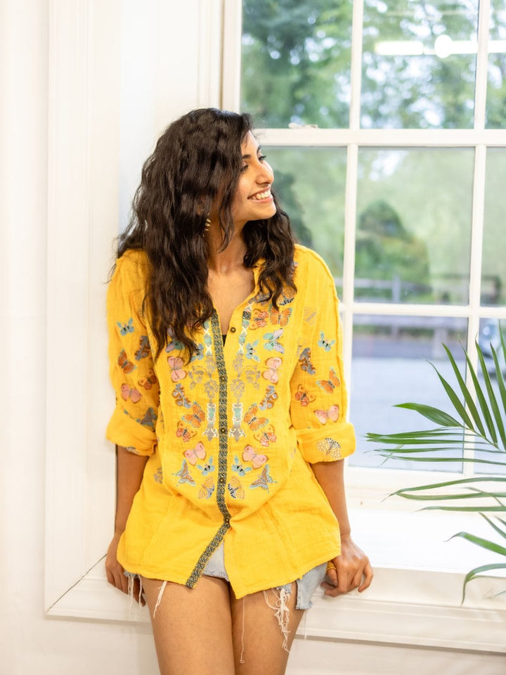 Avani Del Amour Tunic Yellow Butterfly Embroidered Front-Open Tunic