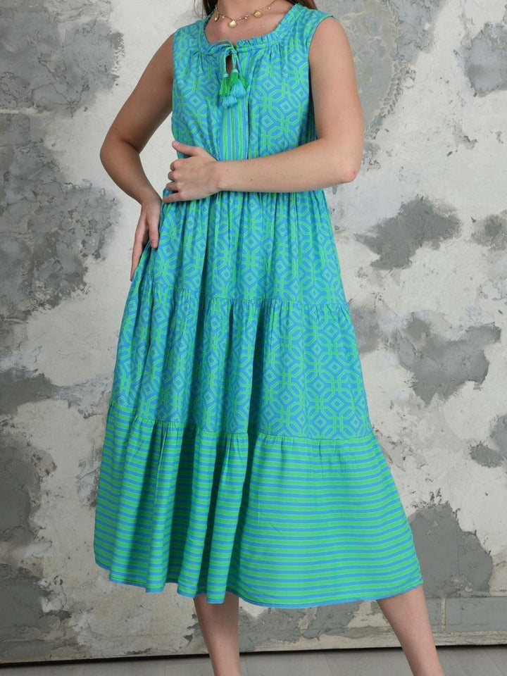 Avani Del Amour Turquoise Geometric Printed Tiered Midi-Dress