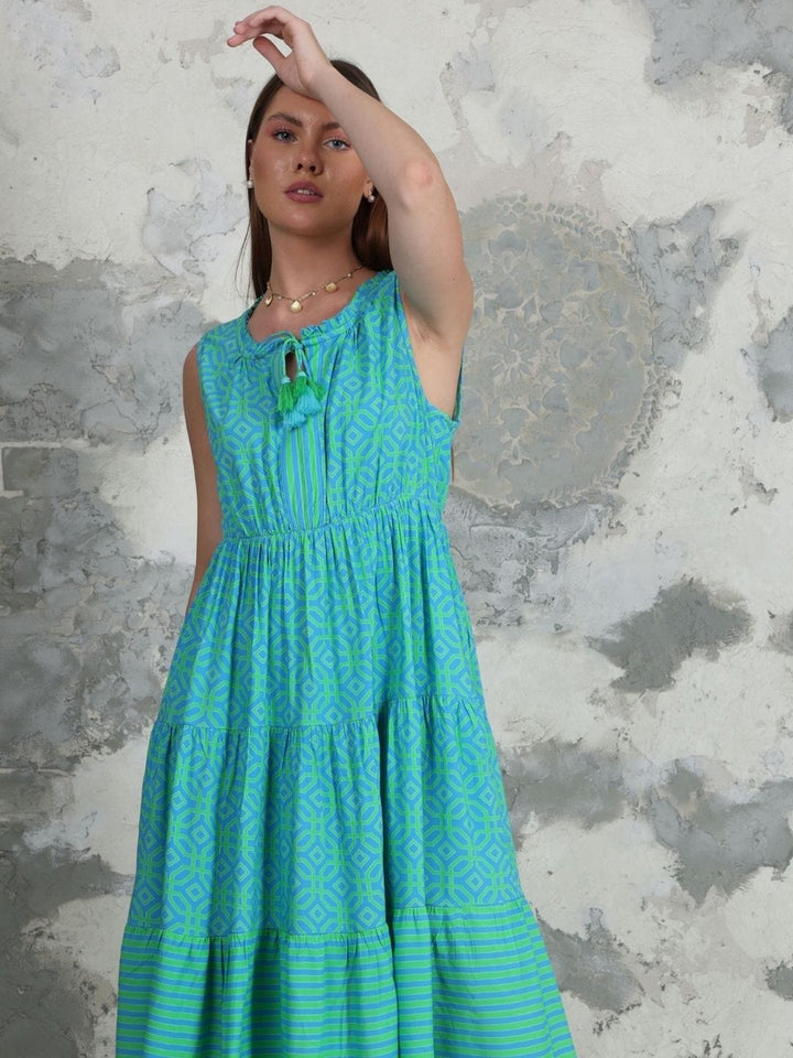 Avani Del Amour Turquoise Geometric Printed Tiered Midi-Dress