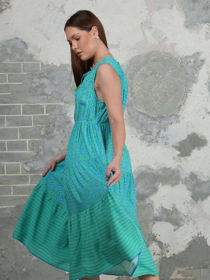 Avani Del Amour Turquoise Geometric Printed Tiered Midi-Dress