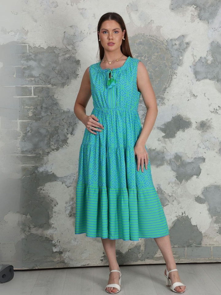 Avani Del Amour Turquoise Geometric Printed Tiered Midi-Dress