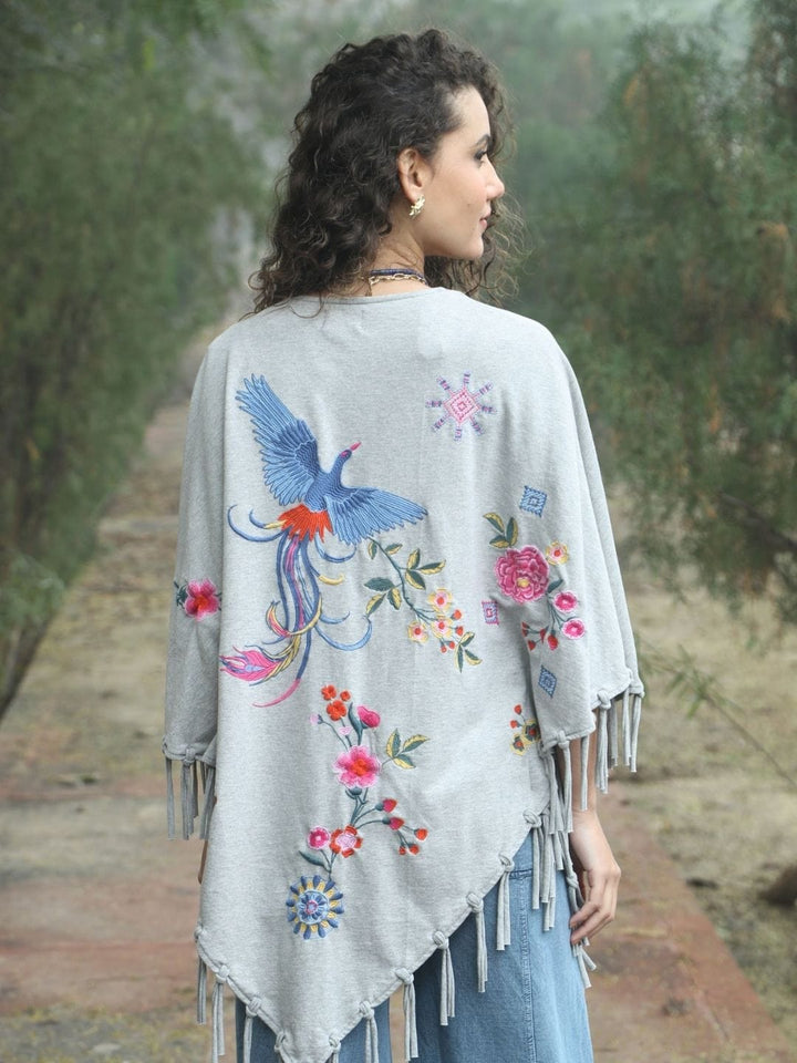 Traditions & Modernity Kimono Boho Bloom Embroidered Fringe Kimono – Grey