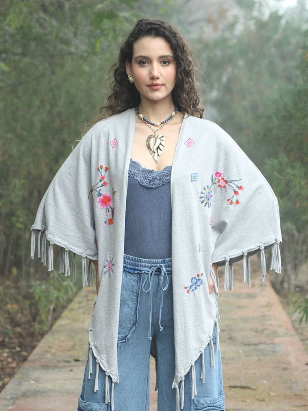 Traditions & Modernity Kimono Boho Bloom Embroidered Fringe Kimono – Grey
