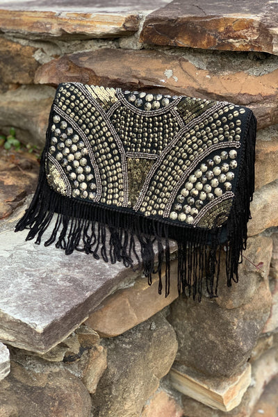 Avani Del Amour BAG OS / BLACK/SILVER ARMOURED IN STYLE FRINGED CLUTCH