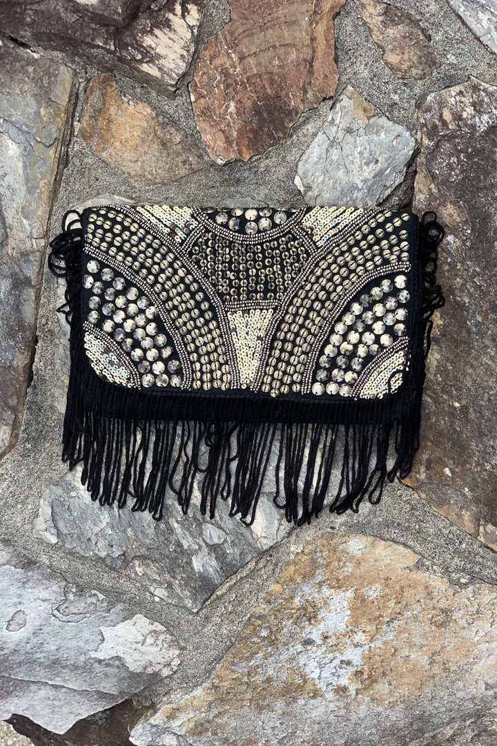 Avani Del Amour BAG OS / BLACK/SILVER ARMOURED IN STYLE FRINGED CLUTCH