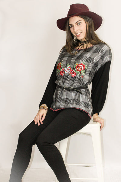 Avani Del Amour TOP Forget the Fall Plaid Combo Embroidered Top
