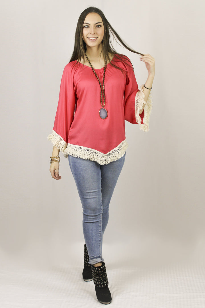 Avani Del Amour TOPS Back To Basic Flared Blouse With Fringe Trim