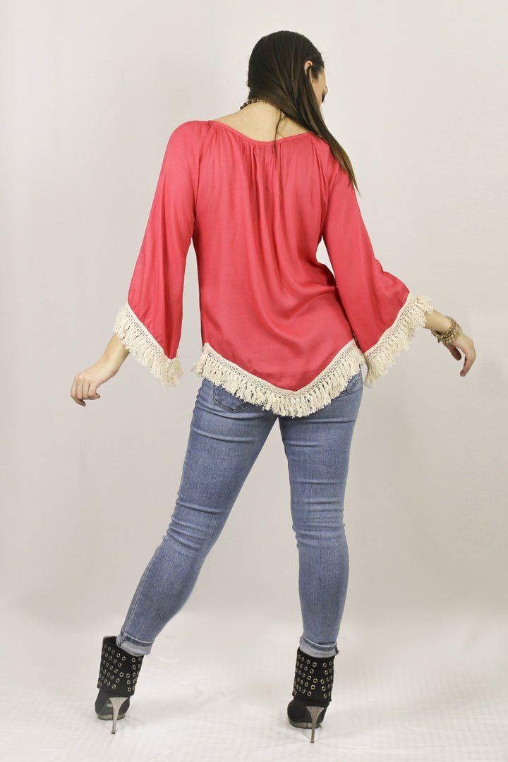 Avani Del Amour TOPS Back To Basic Flared Blouse With Fringe Trim