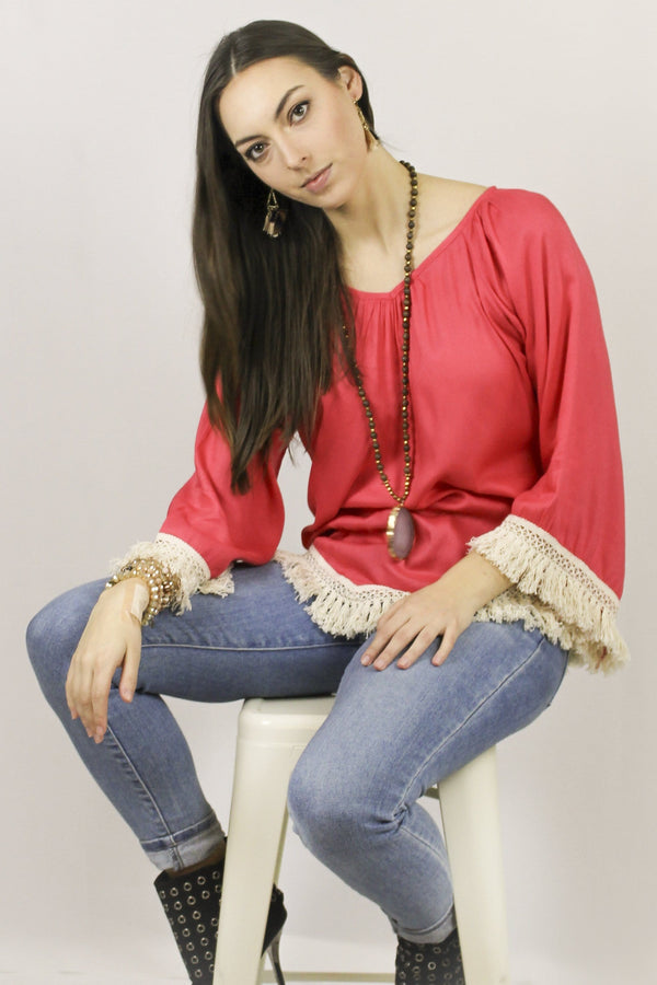 Avani Del Amour TOPS Back To Basic Flared Blouse With Fringe Trim