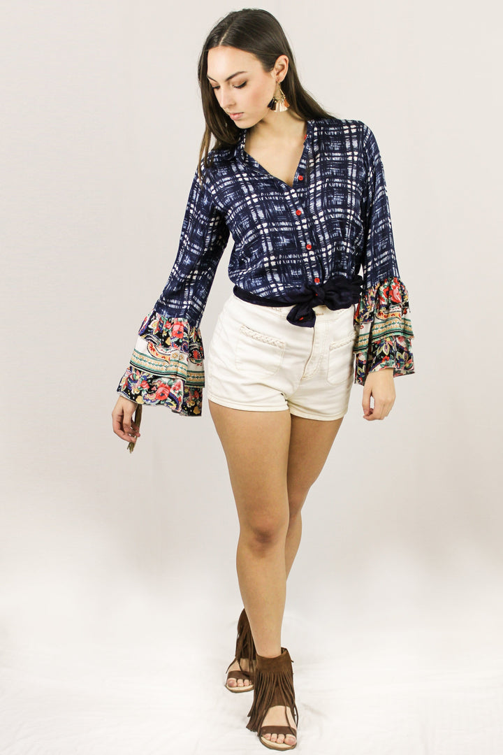 Avani Del Amour TOPS Fit Into The Mix Plaid & Floral Ruffle Blouse