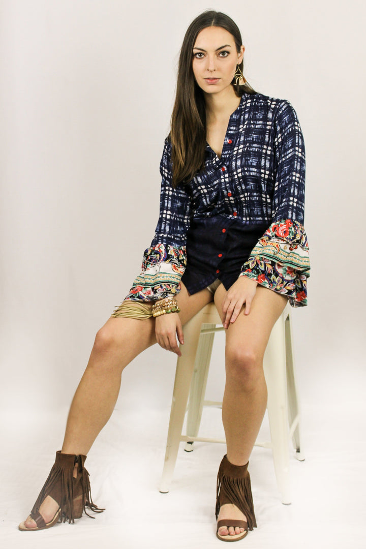 Avani Del Amour TOPS Fit Into The Mix Plaid & Floral Ruffle Blouse