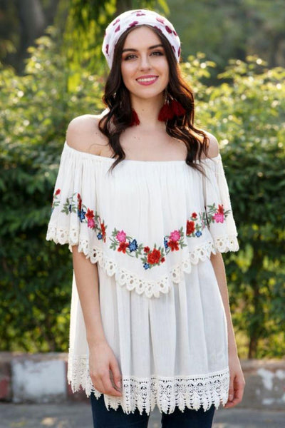Avani Del Amour TOPS Off-shoulder Embroidery Ruffle Top